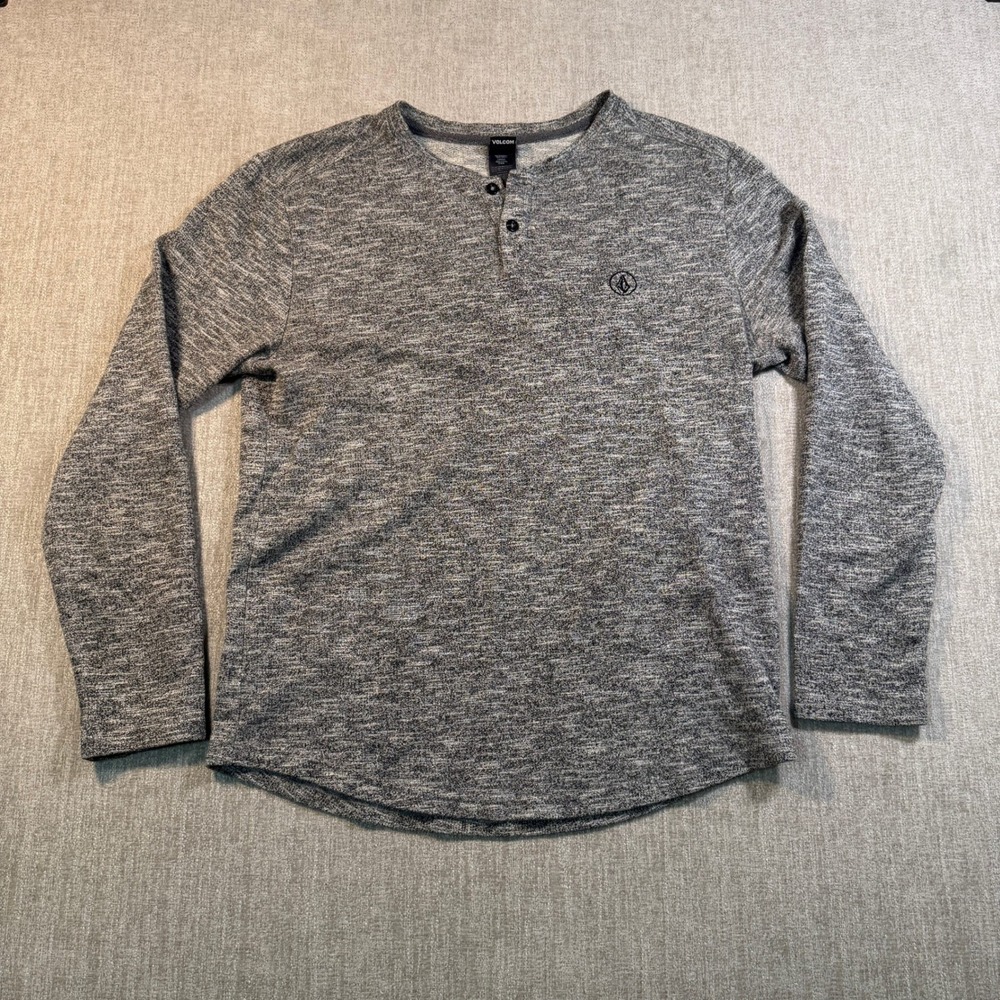 Volcom Mens Gray Marl Long Sleeve Henley Shirt Size Small Stone Logo Curved Hem